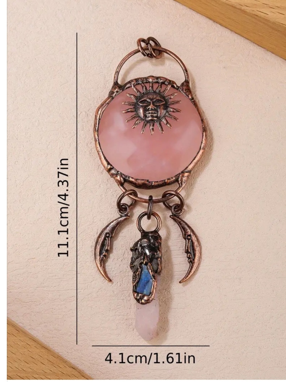 Rose Quartz Sun & Moon Pendant Necklace with Copper Accents - Picture 3 of 9